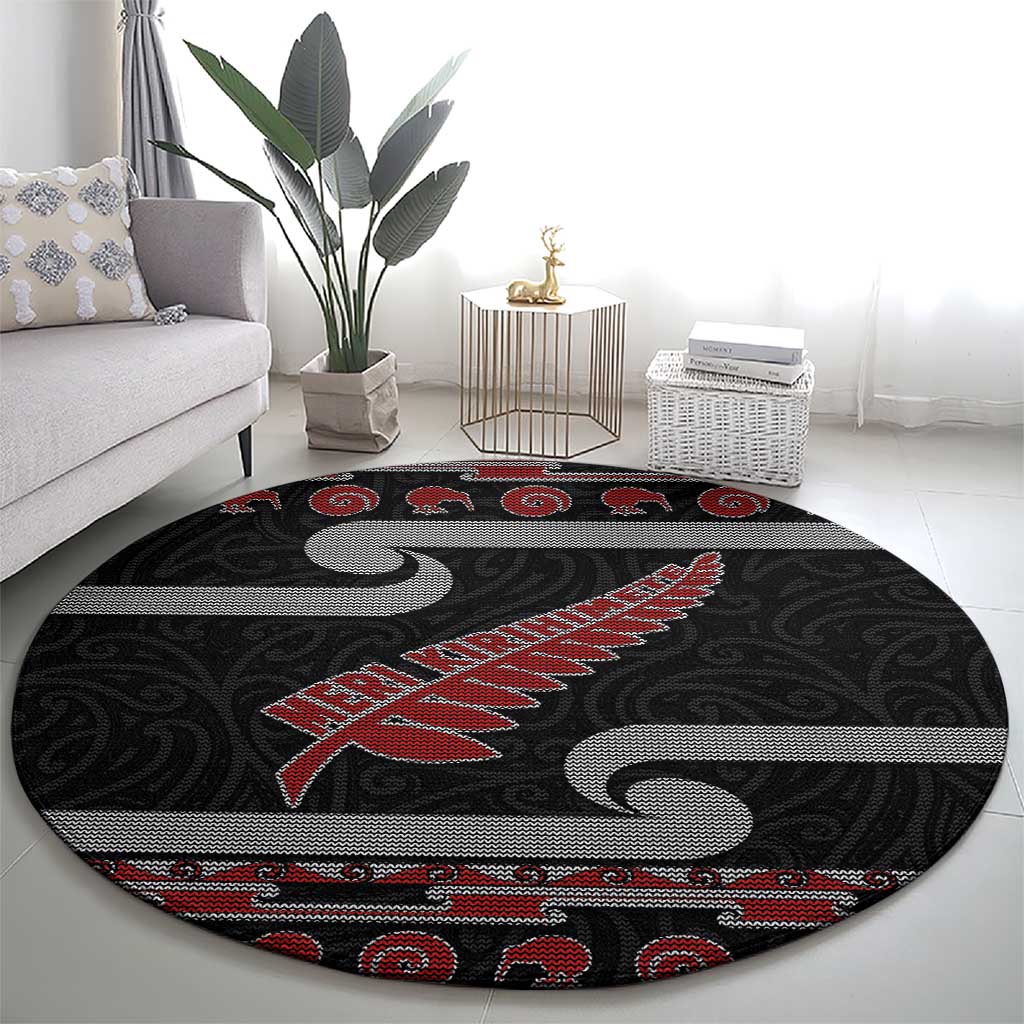 New Zealand Christmas Round Carpet Meri Kirihimete Silver Fern Knit Style Red Color LT03 - Polynesian Pride