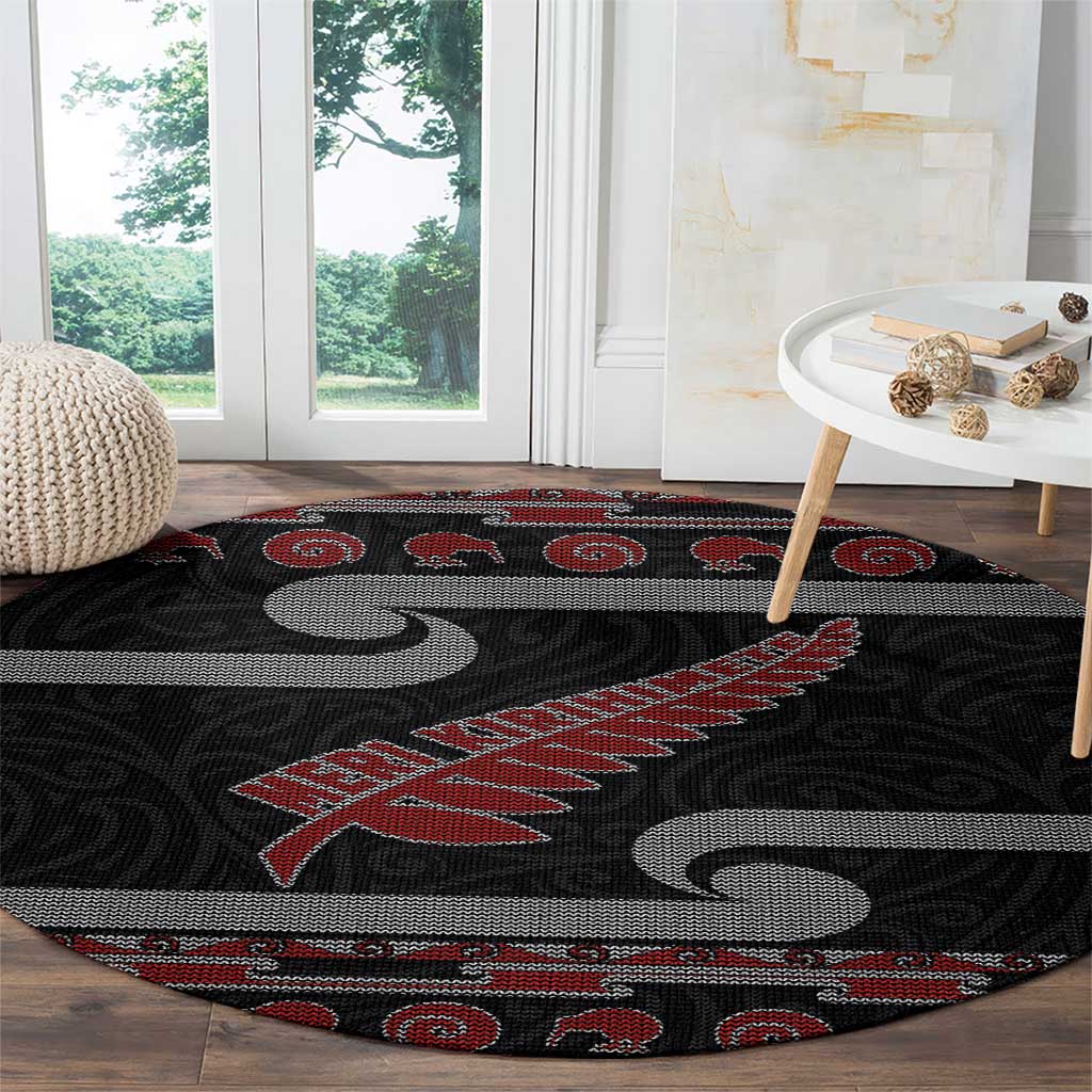 New Zealand Christmas Round Carpet Meri Kirihimete Silver Fern Knit Style Red Color LT03 - Polynesian Pride