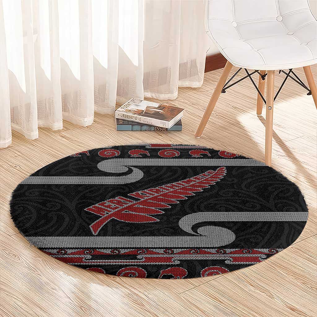 New Zealand Christmas Round Carpet Meri Kirihimete Silver Fern Knit Style Red Color LT03 - Polynesian Pride
