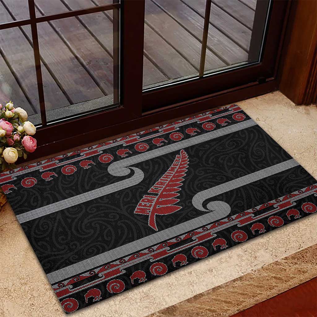 New Zealand Christmas Rubber Doormat Meri Kirihimete Silver Fern Knit Style Red Color LT03 - Polynesian Pride