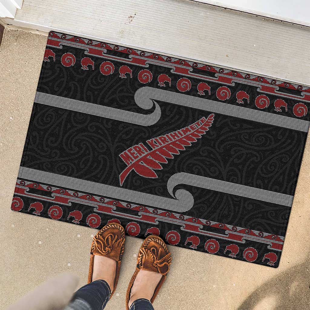 New Zealand Christmas Rubber Doormat Meri Kirihimete Silver Fern Knit Style Red Color LT03 - Polynesian Pride