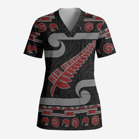 New Zealand Christmas Scrub Top Meri Kirihimete Silver Fern Knit Style Red Color LT03 Adult Red - Polynesian Pride