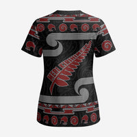 New Zealand Christmas Scrub Top Meri Kirihimete Silver Fern Knit Style Red Color LT03 - Polynesian Pride