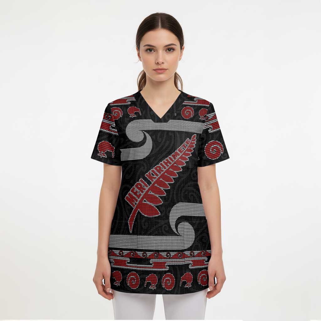 New Zealand Christmas Scrub Top Meri Kirihimete Silver Fern Knit Style Red Color LT03 - Polynesian Pride