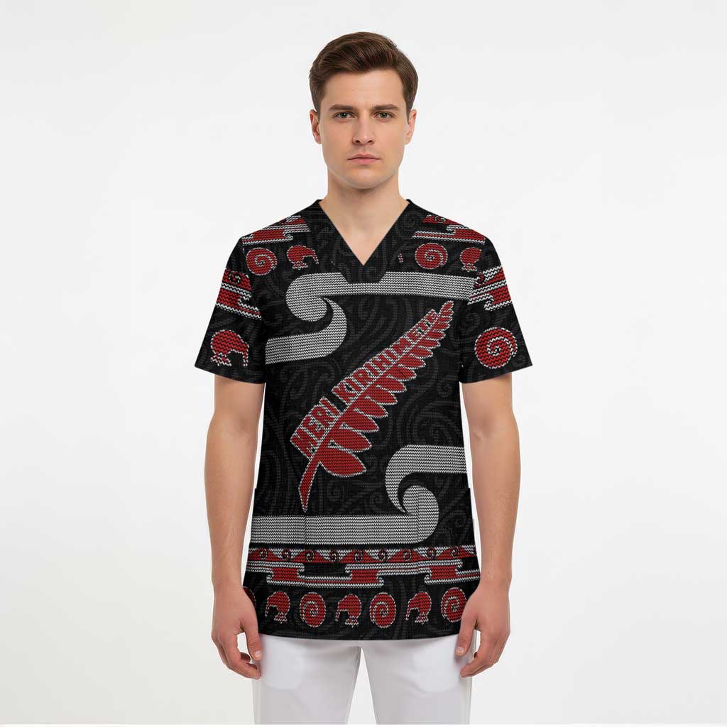 New Zealand Christmas Scrub Top Meri Kirihimete Silver Fern Knit Style Red Color LT03 - Polynesian Pride