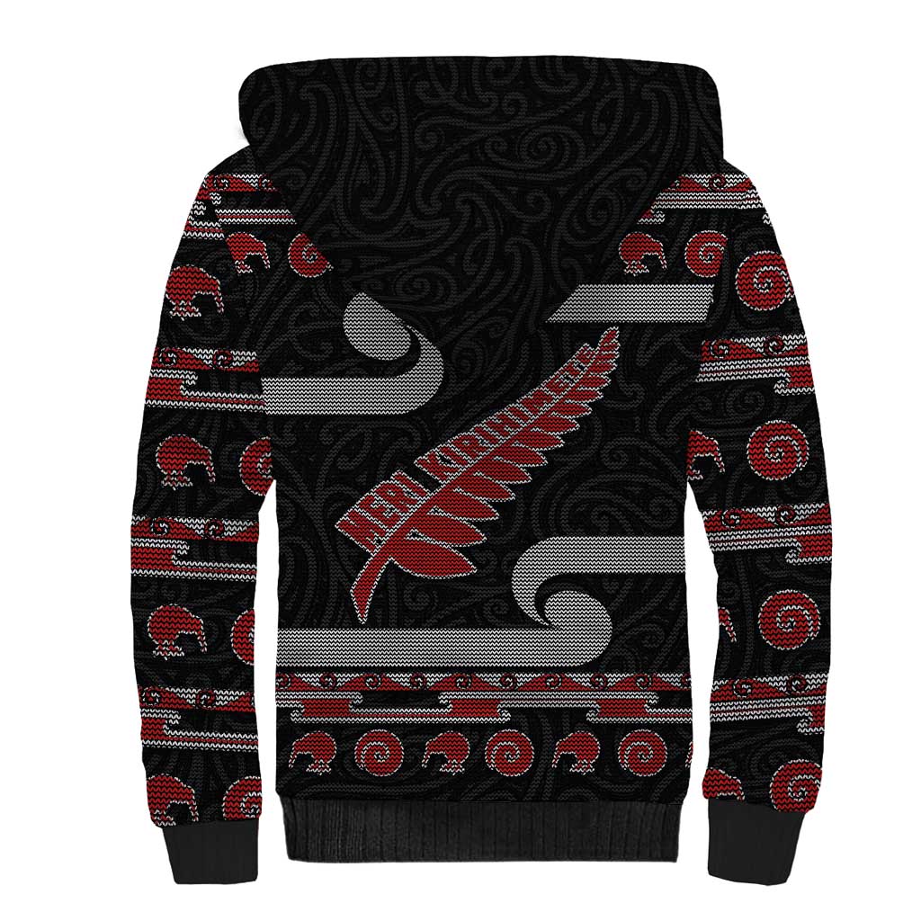 New Zealand Christmas Sherpa Hoodie Meri Kirihimete Silver Fern Knit Style Red Color LT03 - Polynesian Pride
