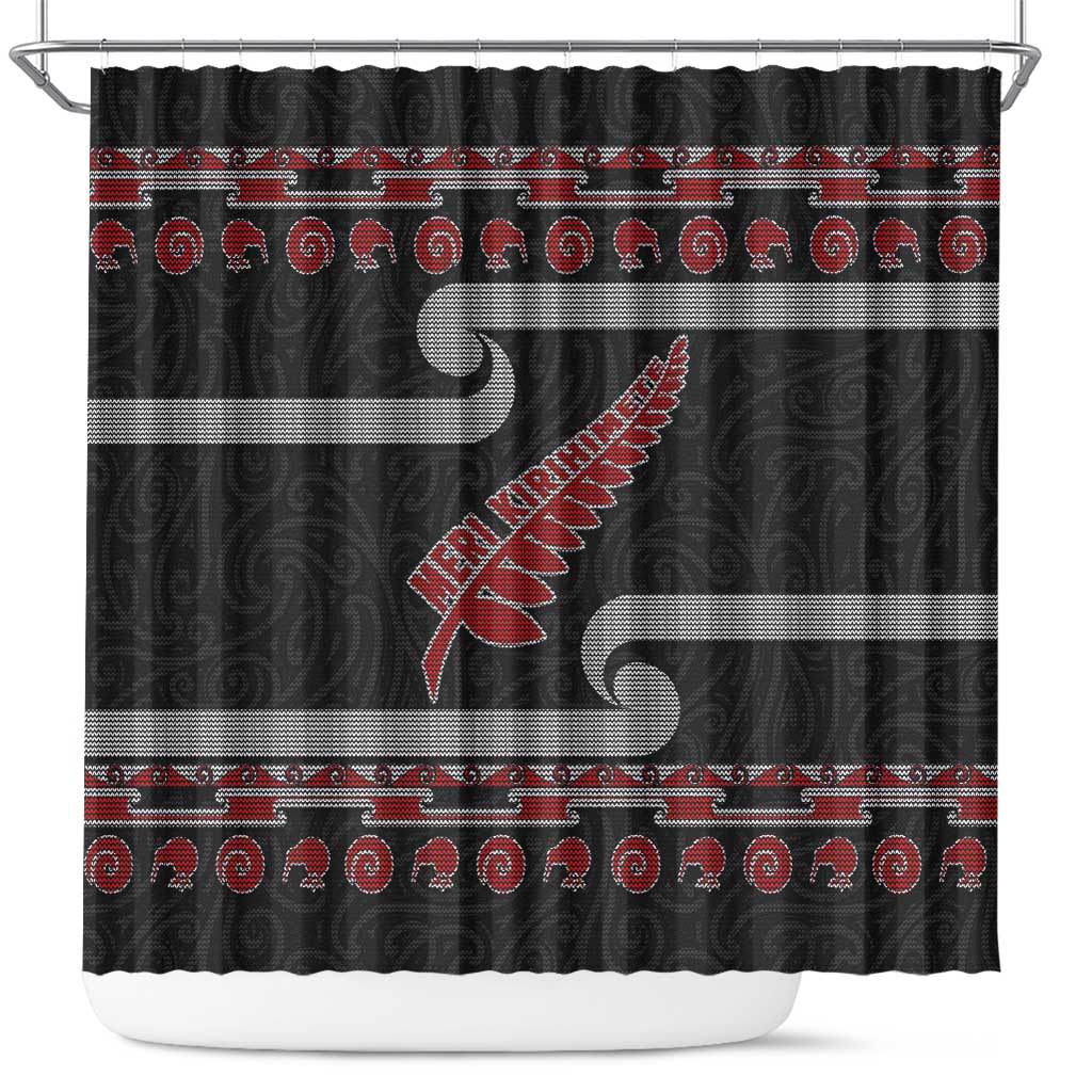 New Zealand Christmas Shower Curtain Meri Kirihimete Silver Fern Knit Style Red Color LT03 Red - Polynesian Pride