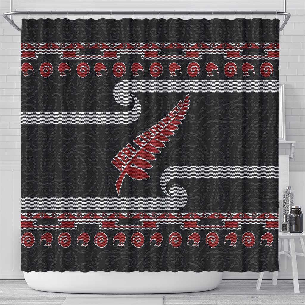 New Zealand Christmas Shower Curtain Meri Kirihimete Silver Fern Knit Style Red Color LT03 - Polynesian Pride