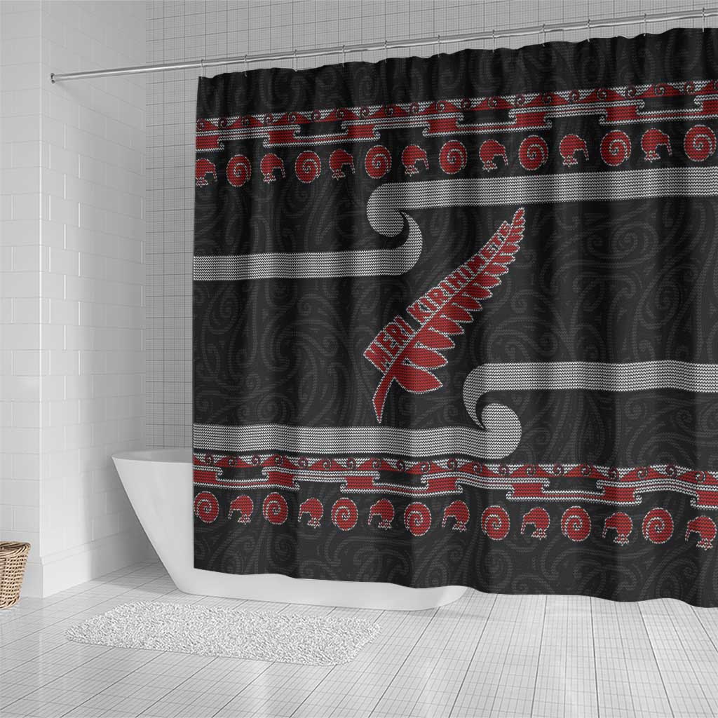 New Zealand Christmas Shower Curtain Meri Kirihimete Silver Fern Knit Style Red Color LT03 - Polynesian Pride