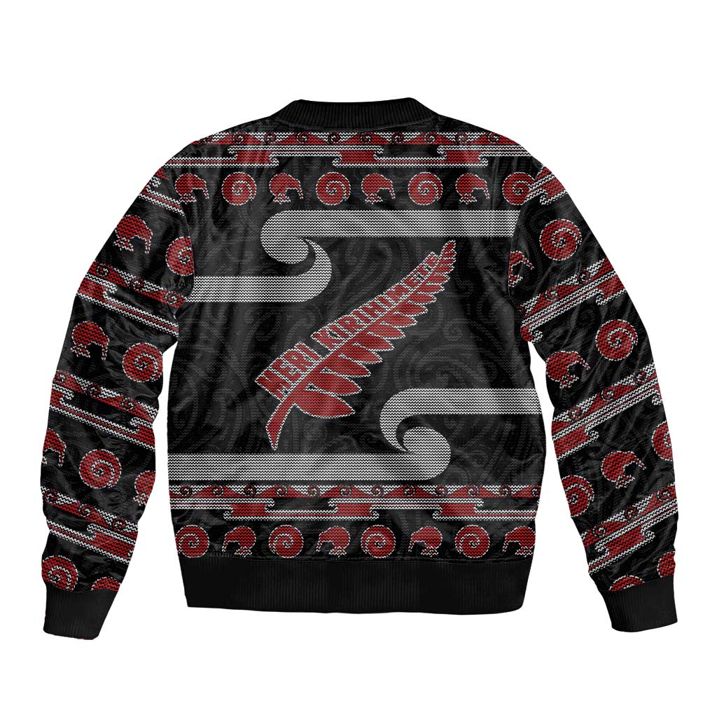 New Zealand Christmas Sleeve Zip Bomber Jacket Meri Kirihimete Silver Fern Knit Style Red Color LT03 - Polynesian Pride