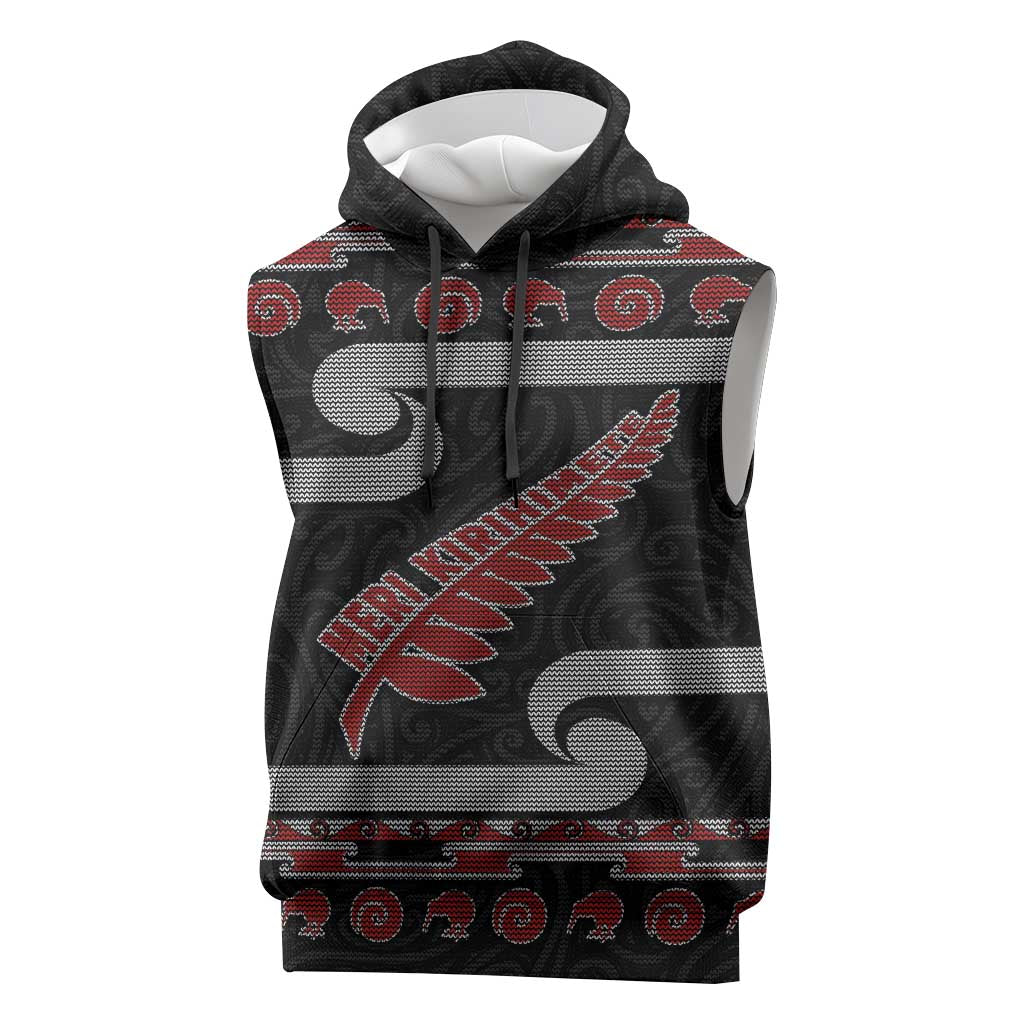 New Zealand Christmas Sleeveless Hoodie Meri Kirihimete Silver Fern Knit Style Red Color LT03 Red - Polynesian Pride