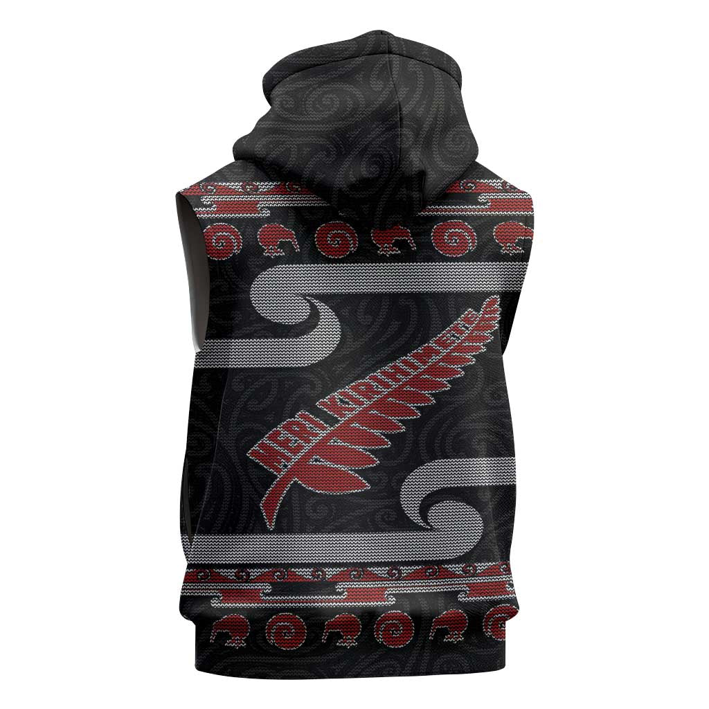 New Zealand Christmas Sleeveless Hoodie Meri Kirihimete Silver Fern Knit Style Red Color LT03 - Polynesian Pride