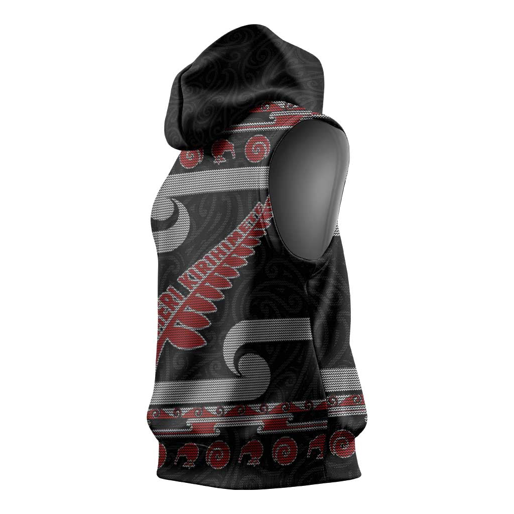 New Zealand Christmas Sleeveless Hoodie Meri Kirihimete Silver Fern Knit Style Red Color LT03 - Polynesian Pride