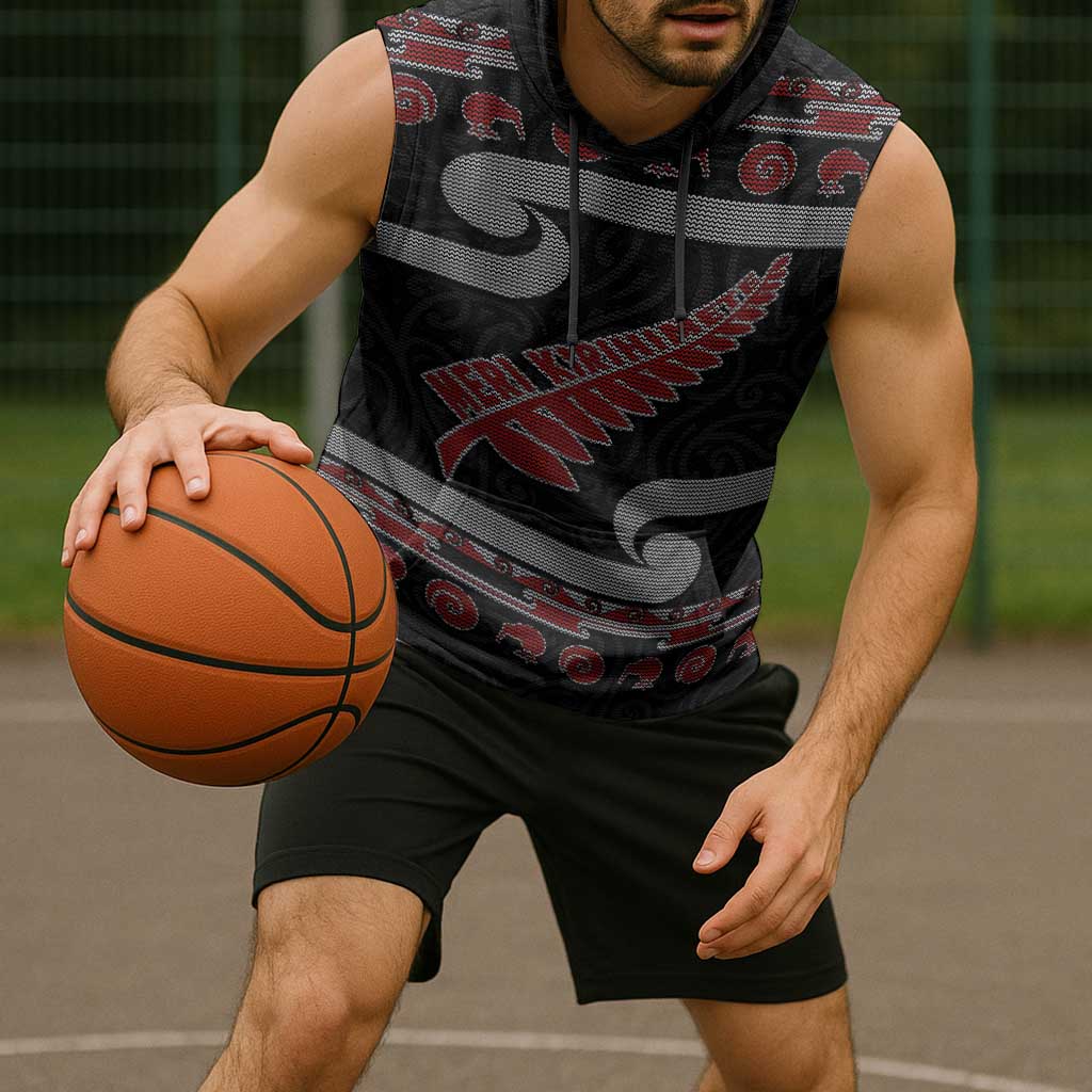 New Zealand Christmas Sleeveless Hoodie Meri Kirihimete Silver Fern Knit Style Red Color LT03 - Polynesian Pride
