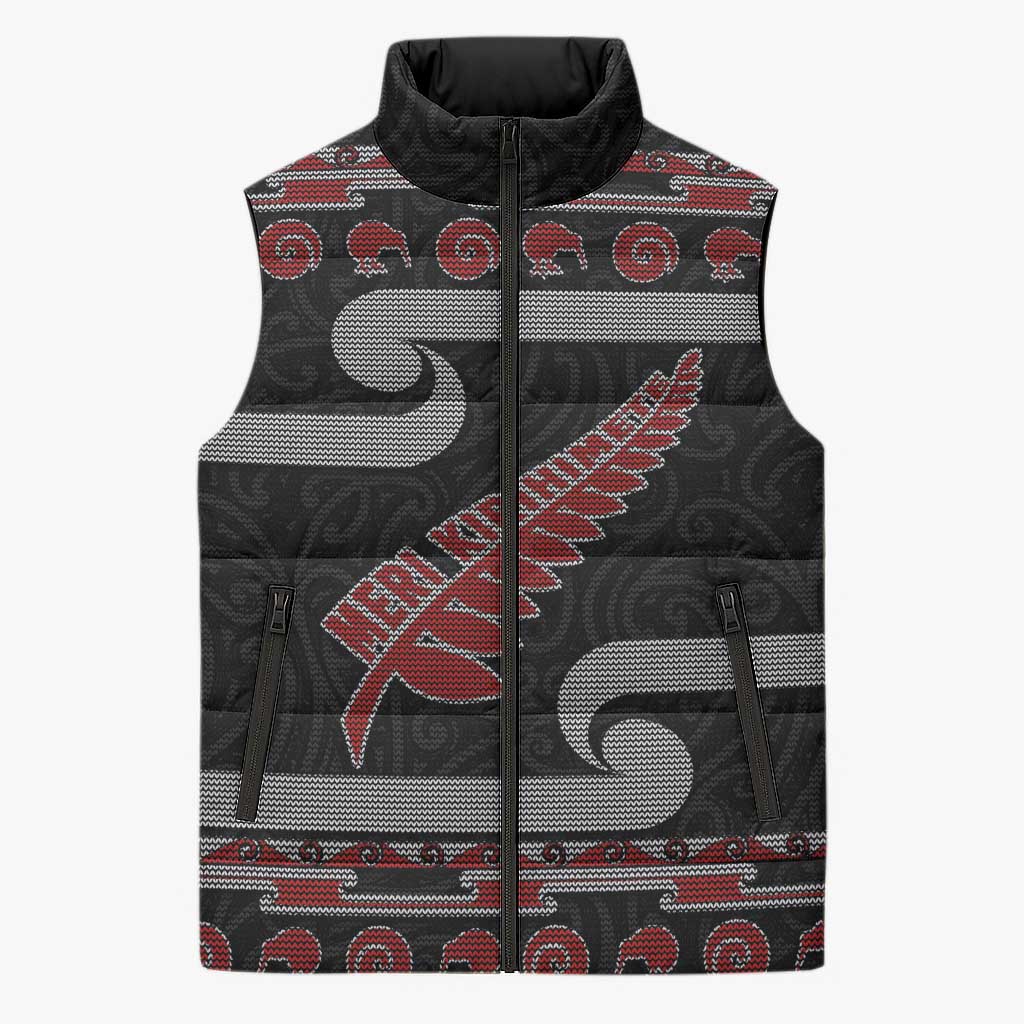 New Zealand Christmas Sleeveless Puffer Jacket Meri Kirihimete Silver Fern Knit Style Red Color LT03 Unisex Red - Polynesian Pride