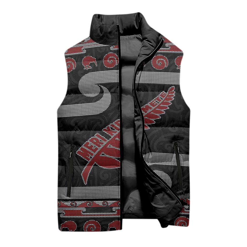 New Zealand Christmas Sleeveless Puffer Jacket Meri Kirihimete Silver Fern Knit Style Red Color LT03 - Polynesian Pride