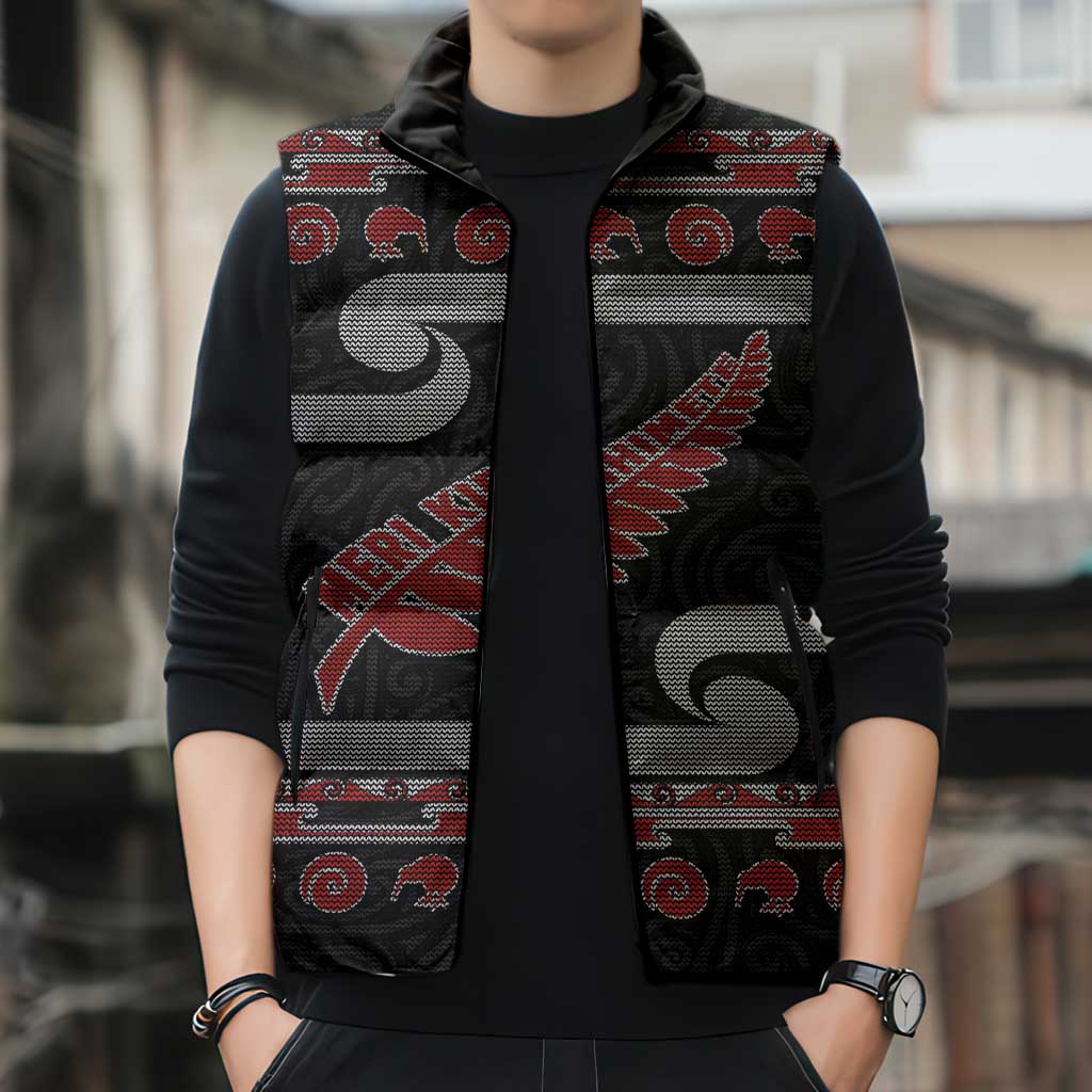 New Zealand Christmas Sleeveless Puffer Jacket Meri Kirihimete Silver Fern Knit Style Red Color LT03 - Polynesian Pride