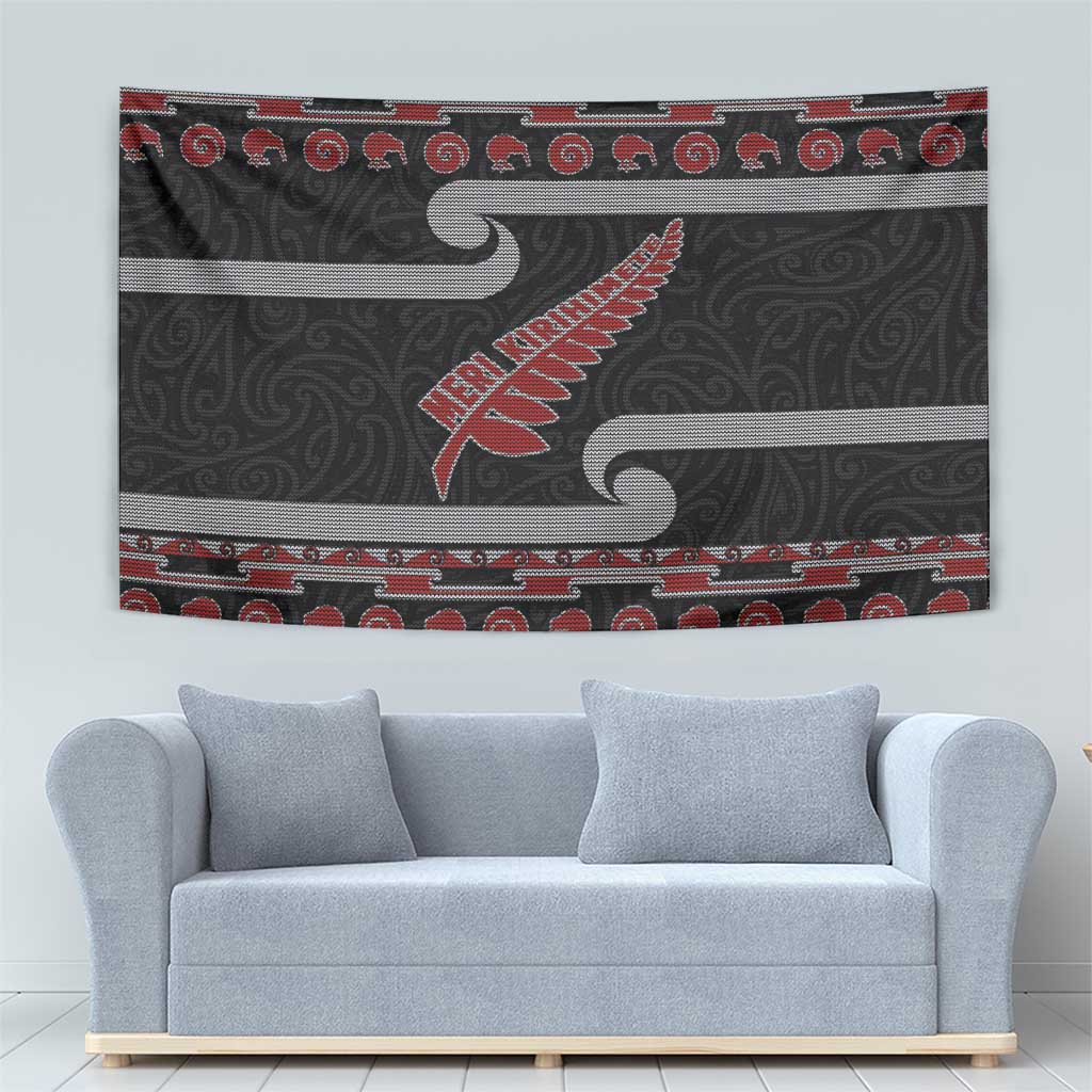 New Zealand Christmas Tapestry Meri Kirihimete Silver Fern Knit Style Red Color LT03 - Polynesian Pride