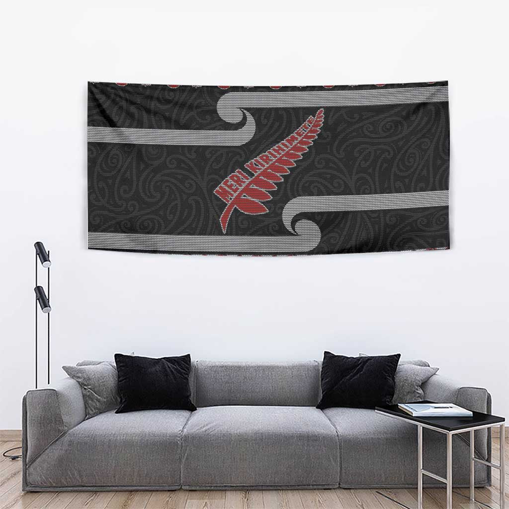 New Zealand Christmas Tapestry Meri Kirihimete Silver Fern Knit Style Red Color LT03 - Polynesian Pride