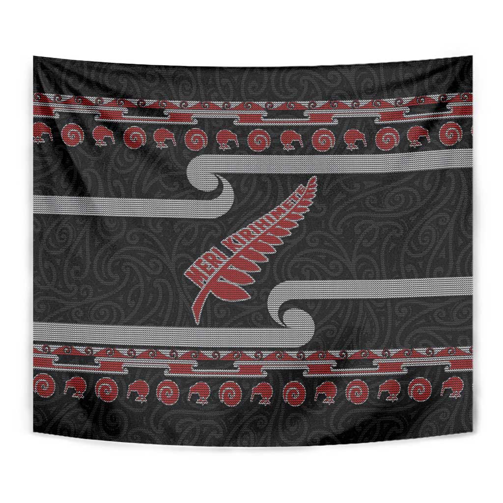 New Zealand Christmas Tapestry Meri Kirihimete Silver Fern Knit Style Red Color LT03 - Polynesian Pride