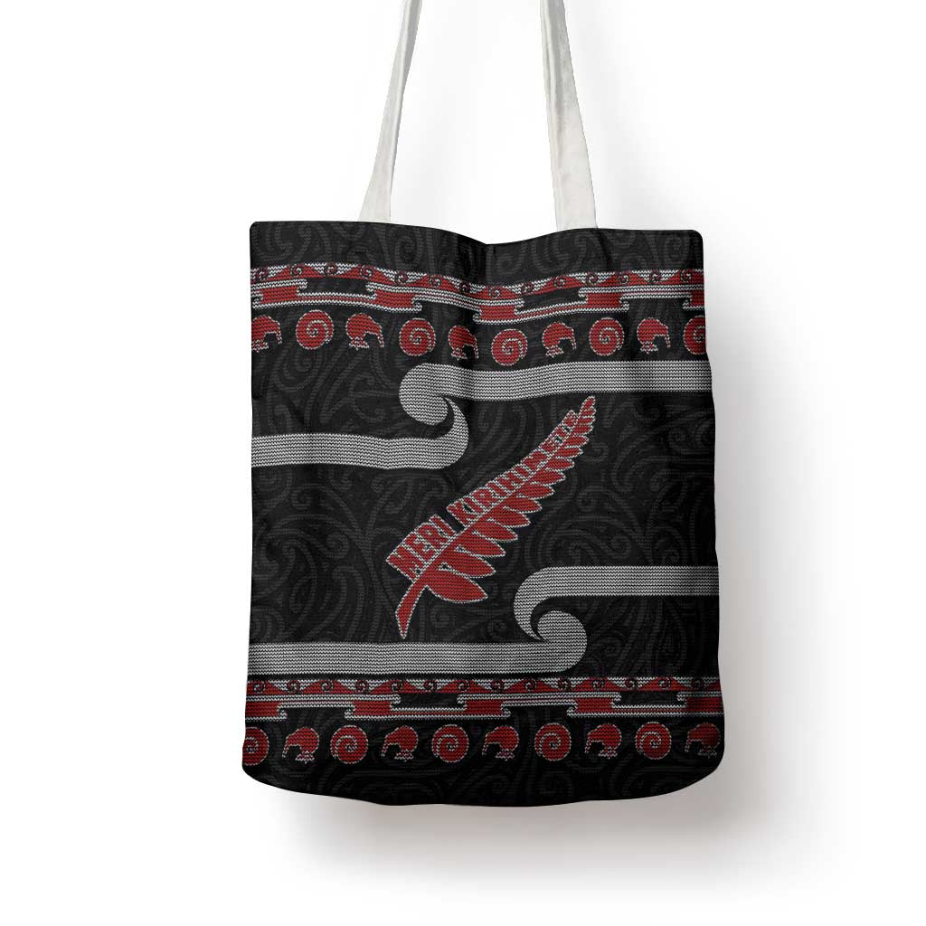 New Zealand Christmas Tote Bag Meri Kirihimete Silver Fern Knit Style Red Color LT03 - Polynesian Pride
