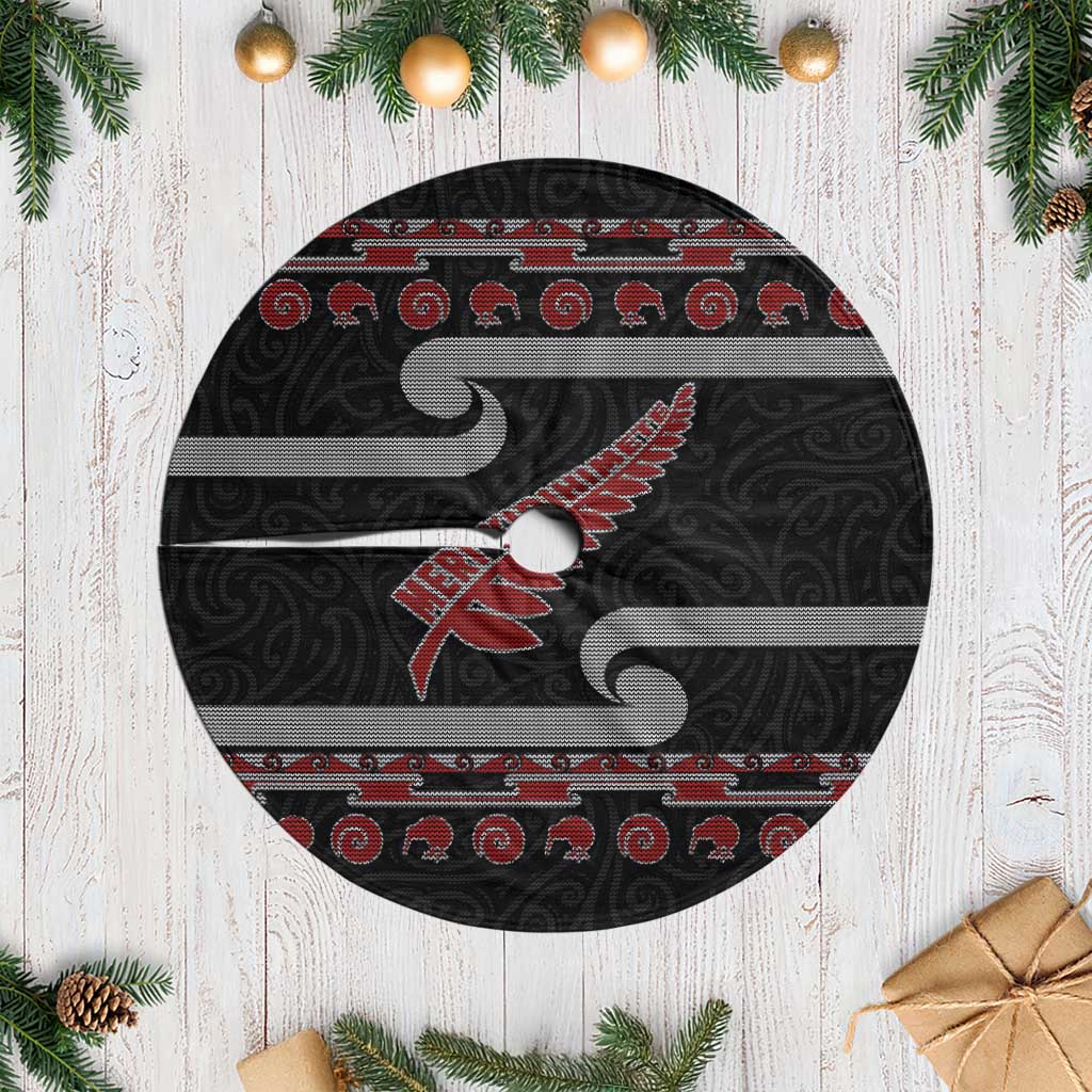 New Zealand Christmas Tree Skirt Meri Kirihimete Silver Fern Knit Style Red Color LT03 Casual Red - Polynesian Pride