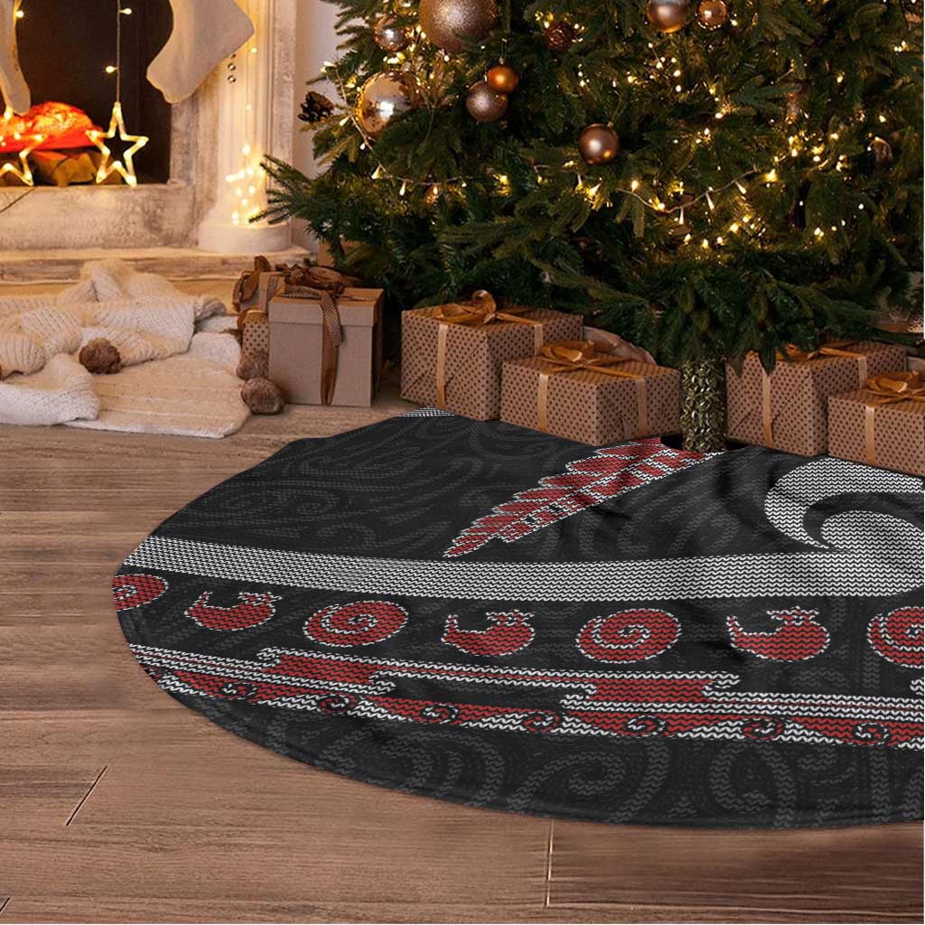 New Zealand Christmas Tree Skirt Meri Kirihimete Silver Fern Knit Style Red Color LT03 - Polynesian Pride
