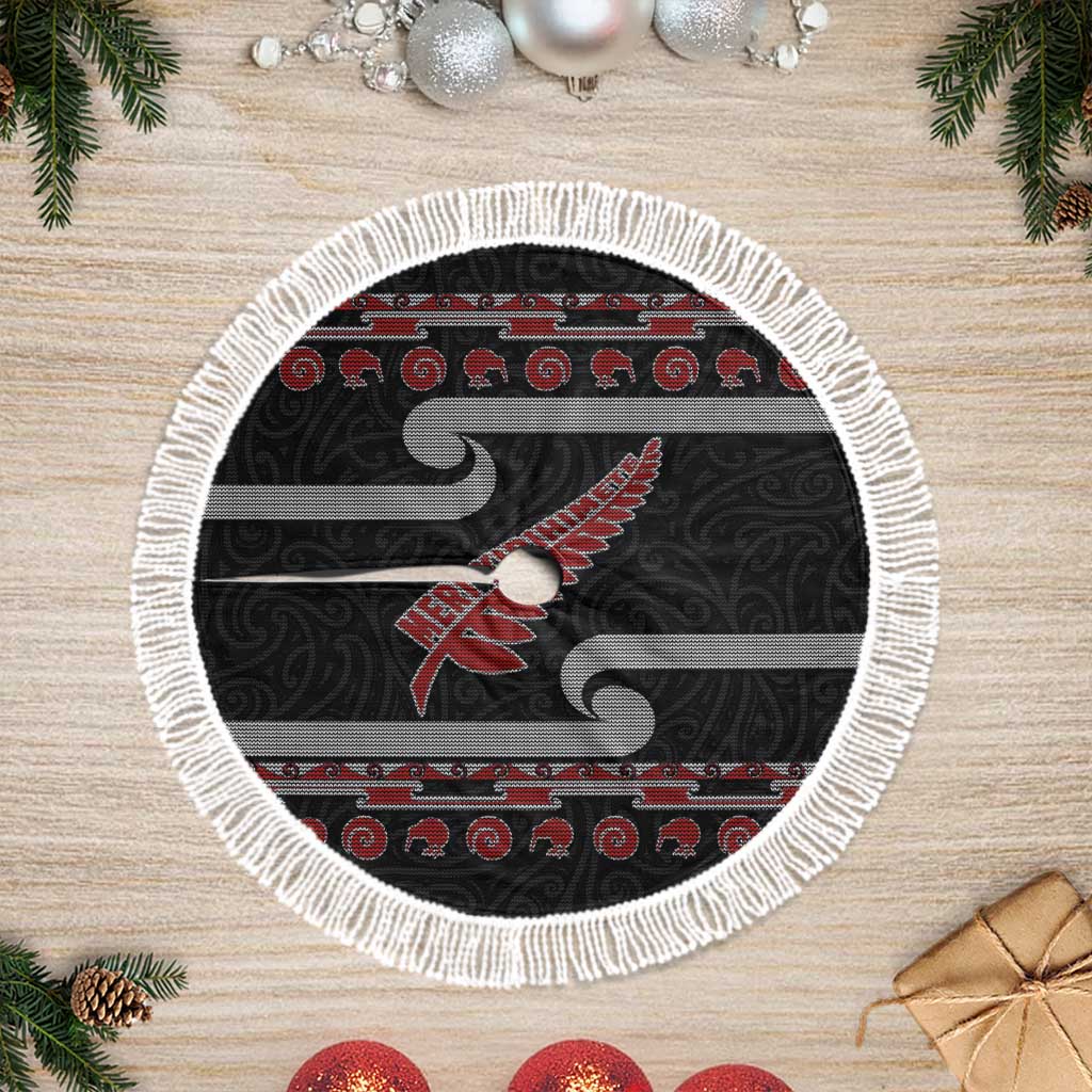 New Zealand Christmas Tree Skirt Meri Kirihimete Silver Fern Knit Style Red Color LT03 Fringed Red - Polynesian Pride