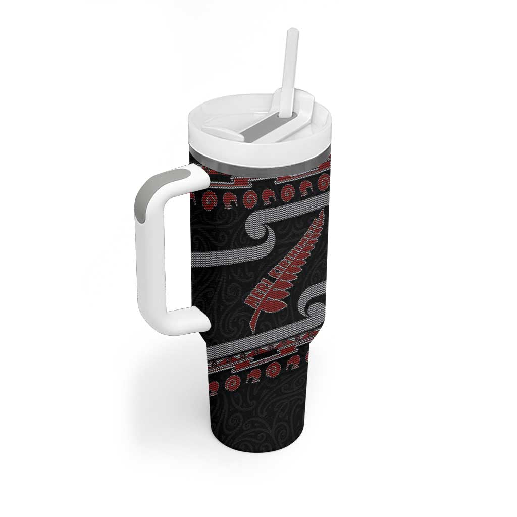 New Zealand Christmas Tumbler With Handle Meri Kirihimete Silver Fern Knit Style Red Color LT03 - Polynesian Pride