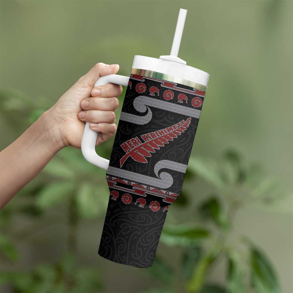 New Zealand Christmas Tumbler With Handle Meri Kirihimete Silver Fern Knit Style Red Color LT03 - Polynesian Pride