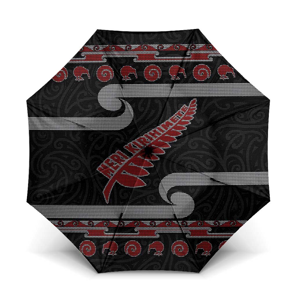 New Zealand Christmas Umbrella Meri Kirihimete Silver Fern Knit Style Red Color LT03 One Size Folded 11.42 inch Opened Diameter 37.4 inch Red - Polynesian Pride
