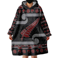 New Zealand Christmas Wearable Blanket Hoodie Meri Kirihimete Silver Fern Knit Style Red Color LT03 - Polynesian Pride