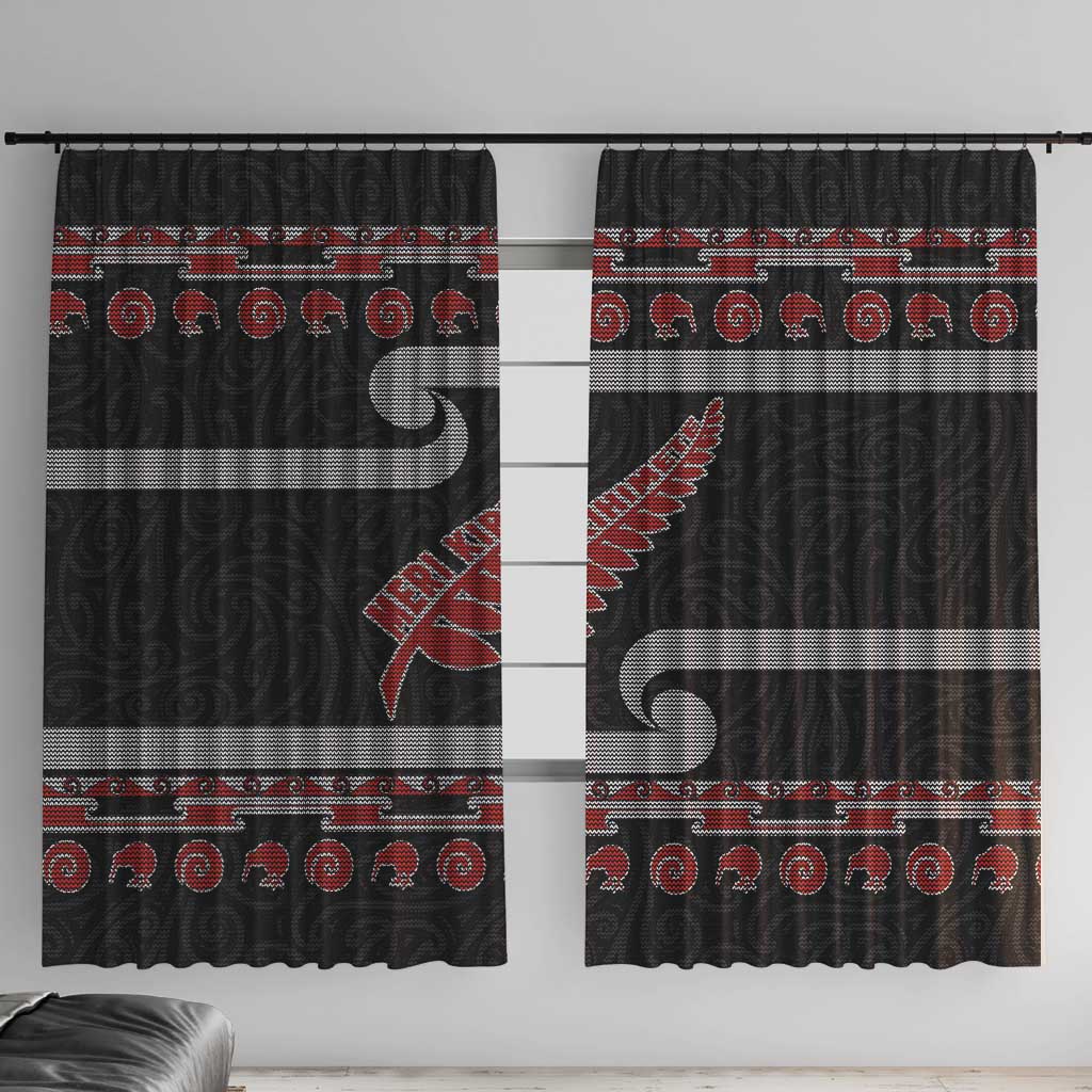 New Zealand Christmas Window Curtain Meri Kirihimete Silver Fern Knit Style Red Color LT03 With Hooks Red - Polynesian Pride