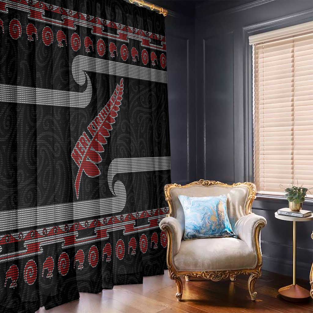 New Zealand Christmas Window Curtain Meri Kirihimete Silver Fern Knit Style Red Color LT03 - Polynesian Pride