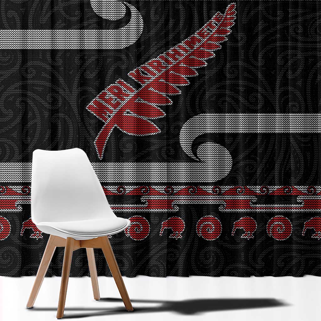 New Zealand Christmas Window Curtain Meri Kirihimete Silver Fern Knit Style Red Color LT03 - Polynesian Pride