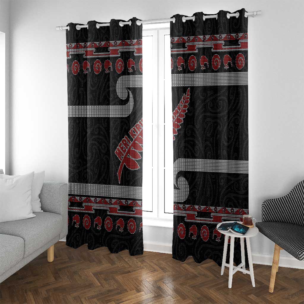 New Zealand Christmas Window Curtain Meri Kirihimete Silver Fern Knit Style Red Color LT03 With Grommets Red - Polynesian Pride