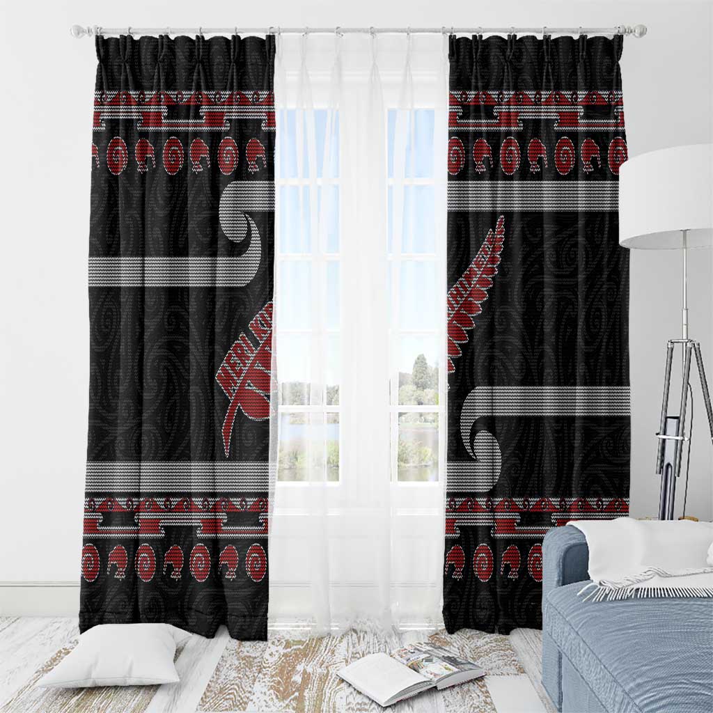 New Zealand Christmas Window Curtain Meri Kirihimete Silver Fern Knit Style Red Color LT03 - Polynesian Pride