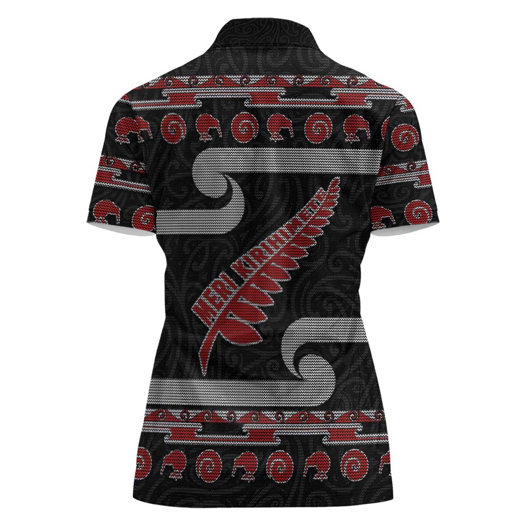 New Zealand Christmas Women Polo Shirt Meri Kirihimete Silver Fern Knit Style Red Color - Polynesian Pride