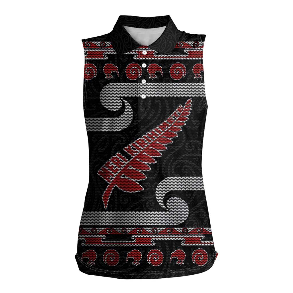 New Zealand Christmas Women Sleeveless Polo Shirt Meri Kirihimete Silver Fern Knit Style Red Color LT03 Female Red - Polynesian Pride