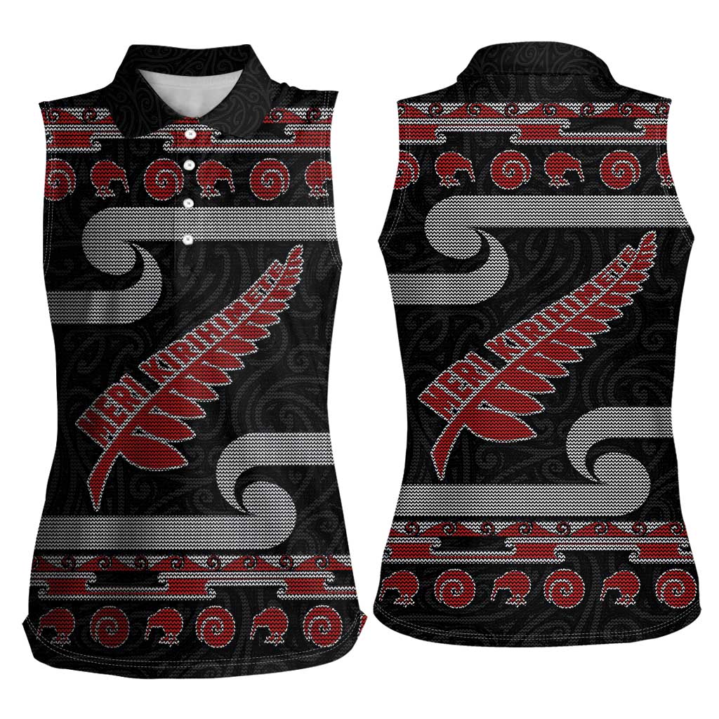 New Zealand Christmas Women Sleeveless Polo Shirt Meri Kirihimete Silver Fern Knit Style Red Color LT03 - Polynesian Pride