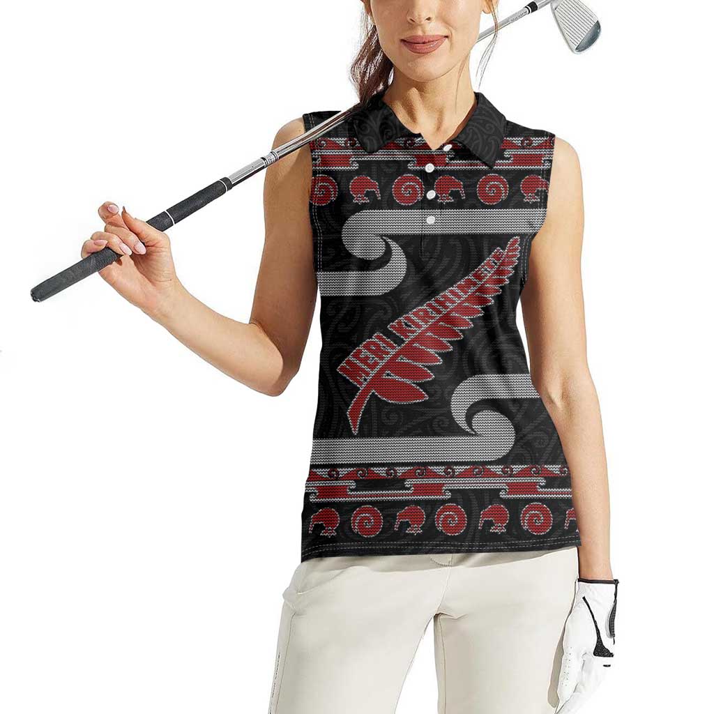 New Zealand Christmas Women Sleeveless Polo Shirt Meri Kirihimete Silver Fern Knit Style Red Color LT03 - Polynesian Pride