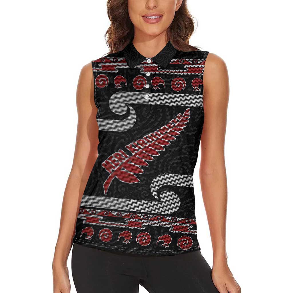 New Zealand Christmas Women Sleeveless Polo Shirt Meri Kirihimete Silver Fern Knit Style Red Color LT03 - Polynesian Pride