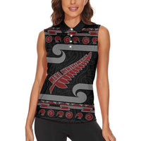 New Zealand Christmas Women Sleeveless Polo Shirt Meri Kirihimete Silver Fern Knit Style Red Color LT03 - Polynesian Pride