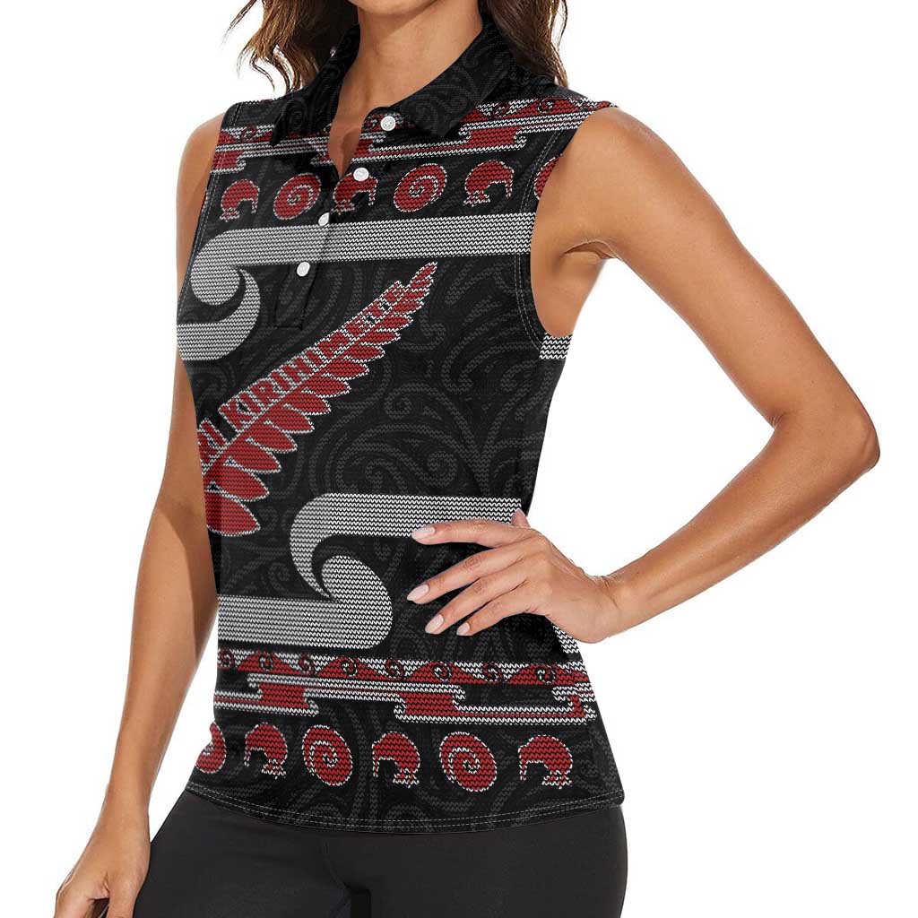 New Zealand Christmas Women Sleeveless Polo Shirt Meri Kirihimete Silver Fern Knit Style Red Color LT03 - Polynesian Pride