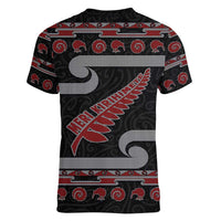New Zealand Christmas Women V-Neck T-Shirt Meri Kirihimete Silver Fern Knit Style Red Color LT03 - Polynesian Pride