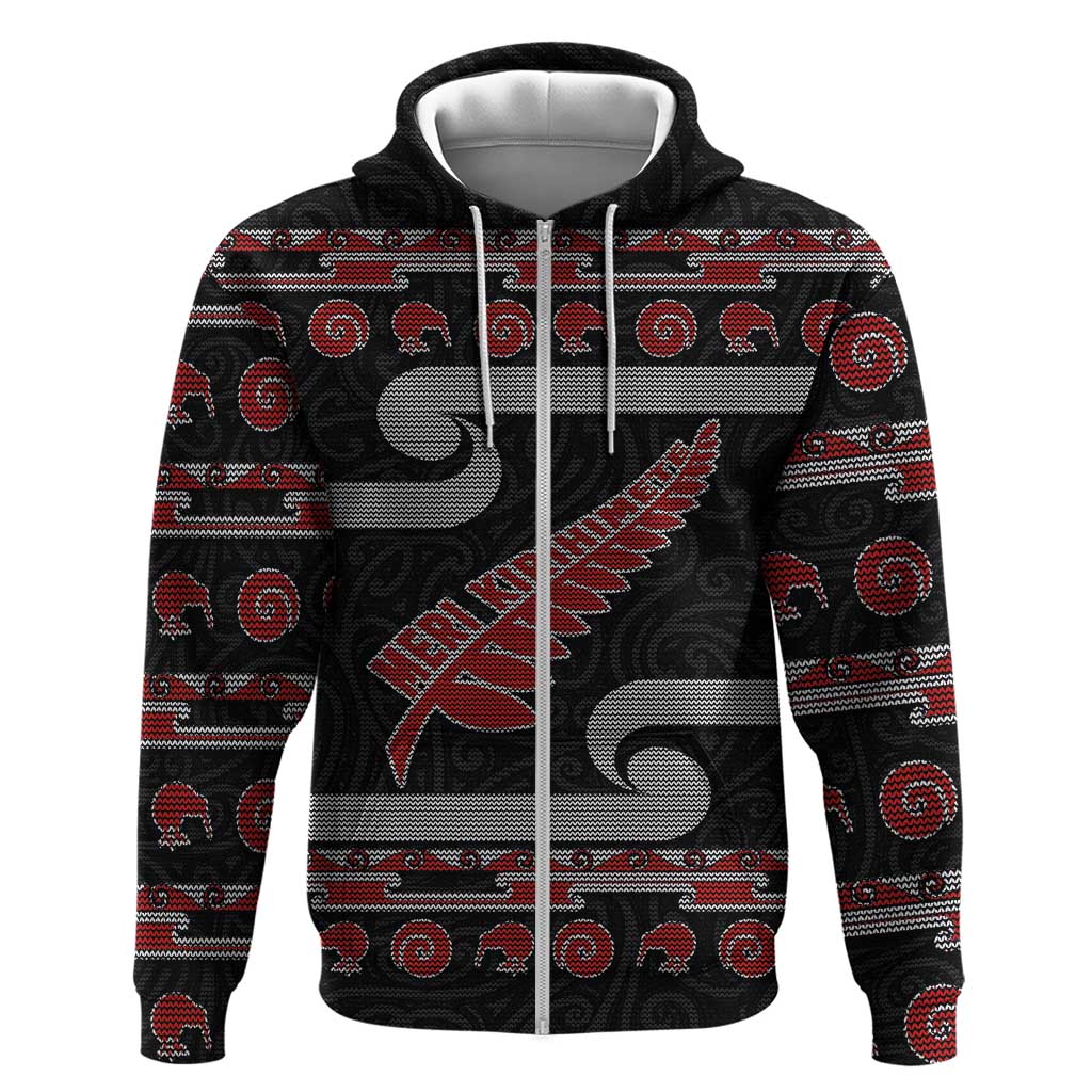 New Zealand Christmas Zip Hoodie Meri Kirihimete Silver Fern Knit Style Red Color LT03 Zip Hoodie Red - Polynesian Pride