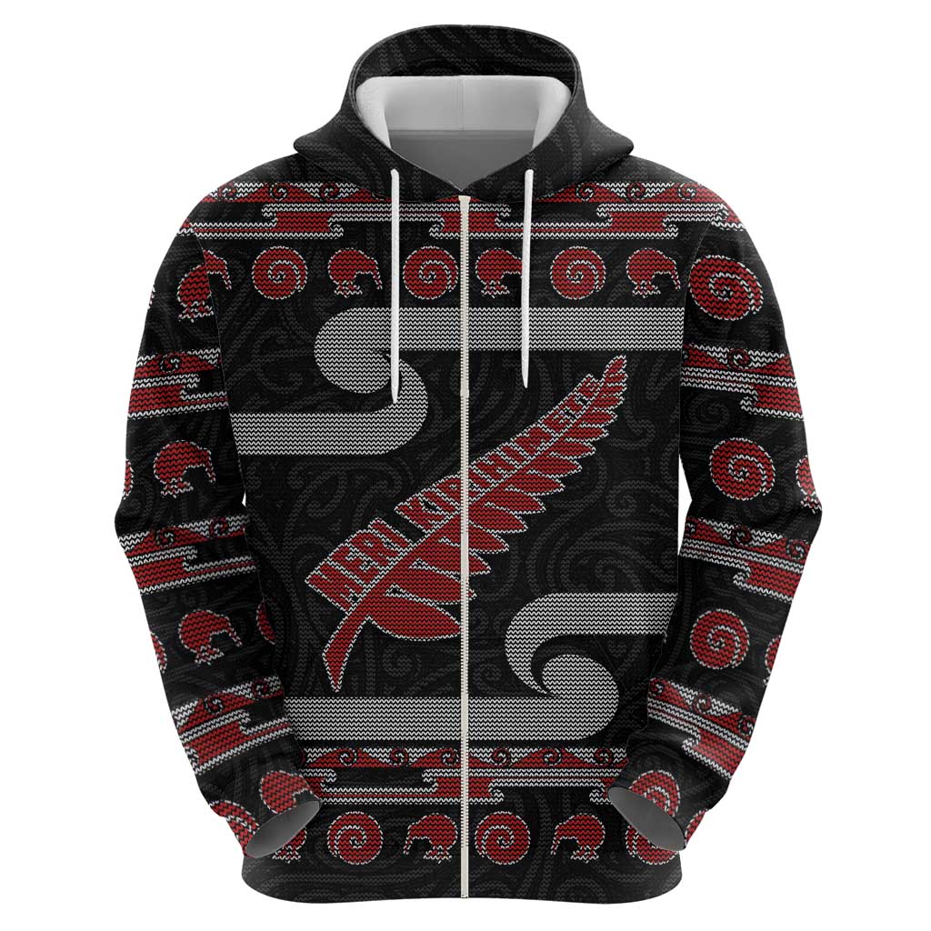 New Zealand Christmas Zip Hoodie Meri Kirihimete Silver Fern Knit Style Red Color LT03 - Polynesian Pride