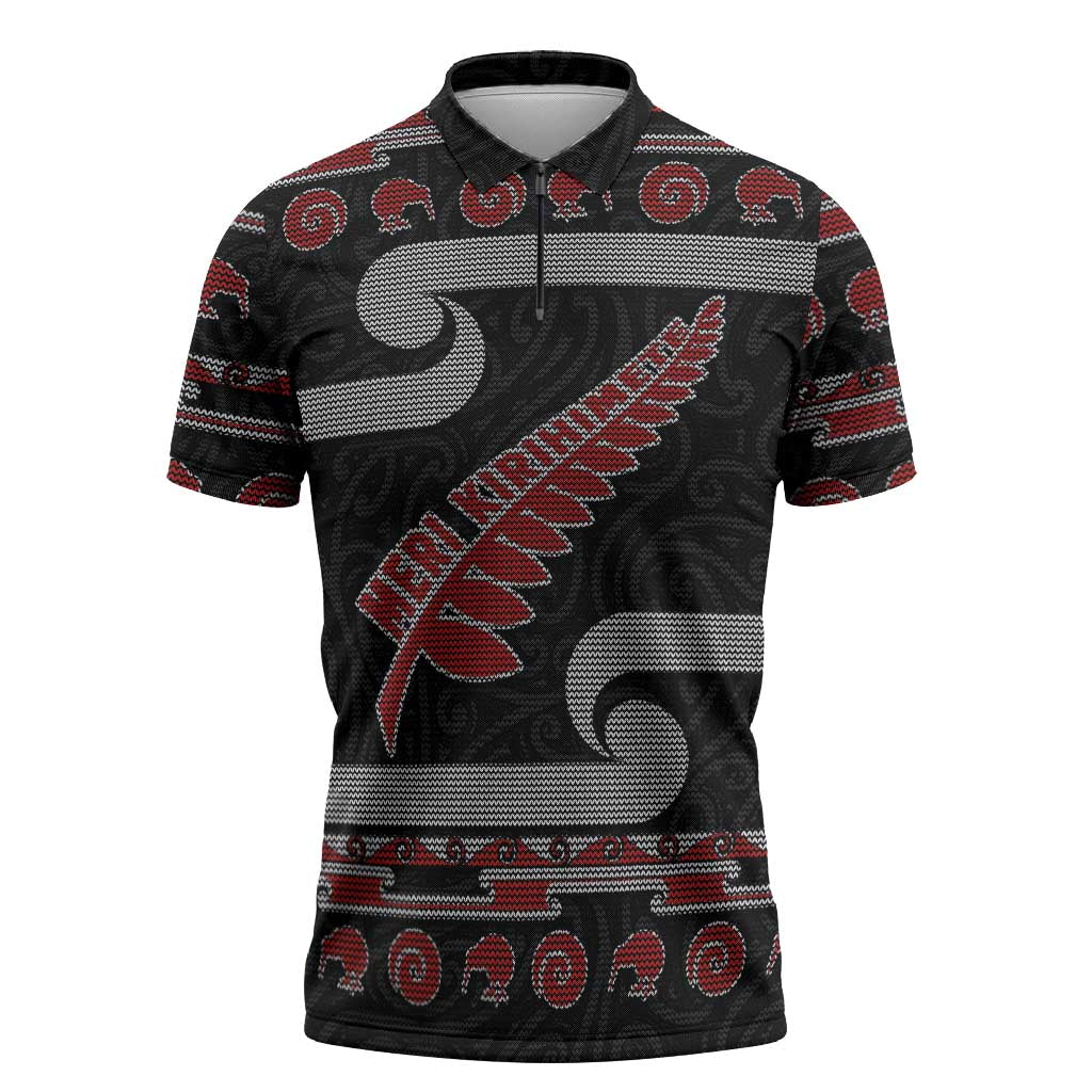 New Zealand Christmas Zipper Polo Shirt Meri Kirihimete Silver Fern Knit Style Red Color LT03 Red - Polynesian Pride