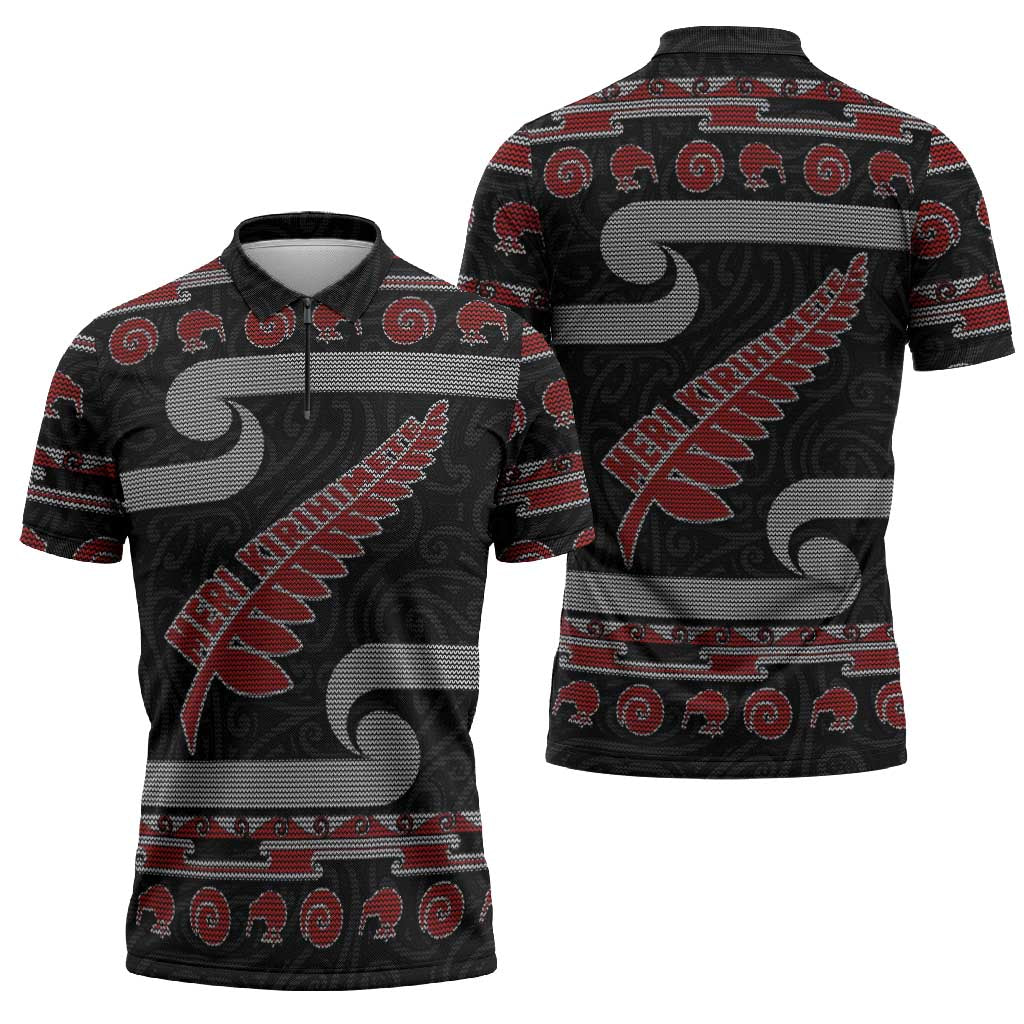 New Zealand Christmas Zipper Polo Shirt Meri Kirihimete Silver Fern Knit Style Red Color LT03 - Polynesian Pride