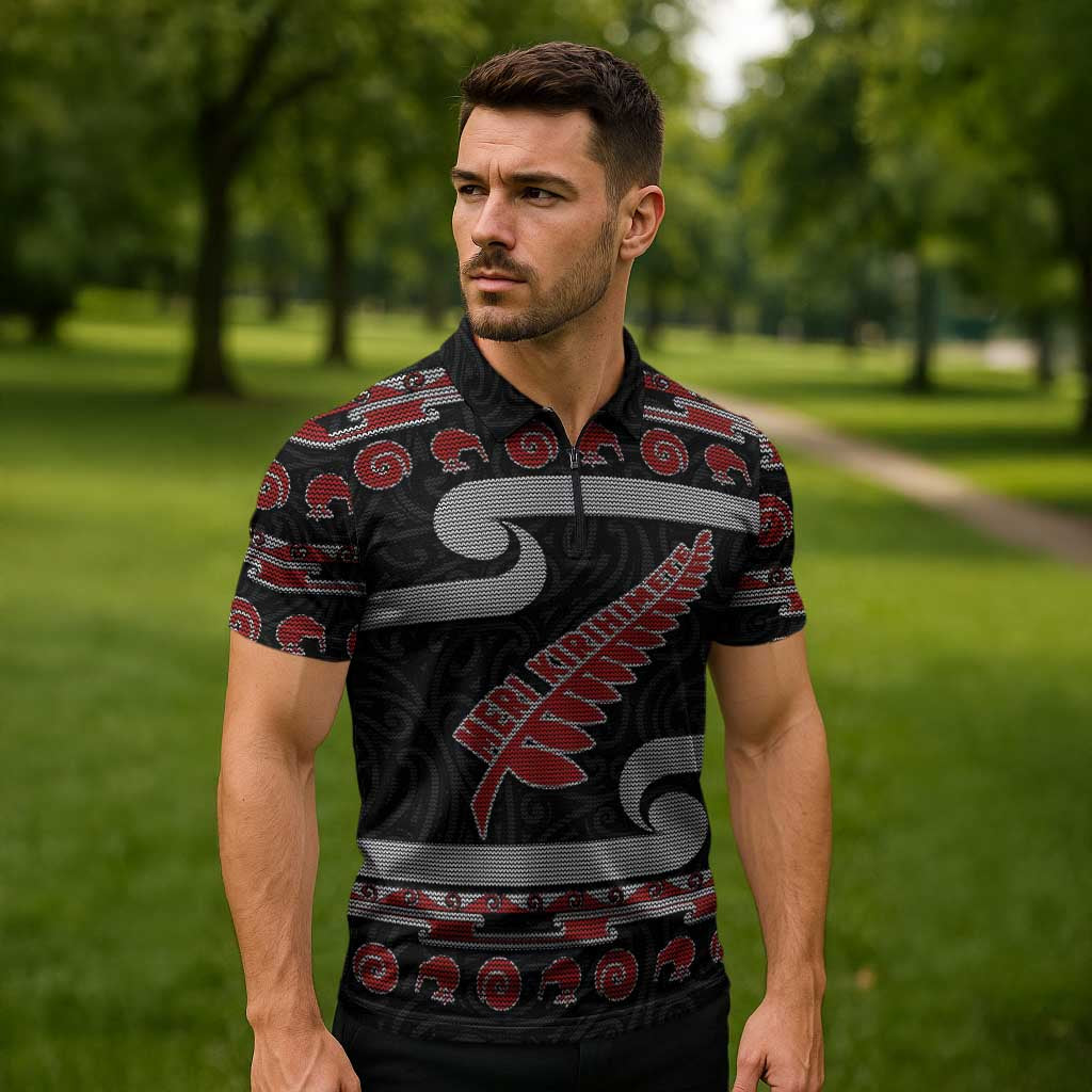 New Zealand Christmas Zipper Polo Shirt Meri Kirihimete Silver Fern Knit Style Red Color LT03 - Polynesian Pride